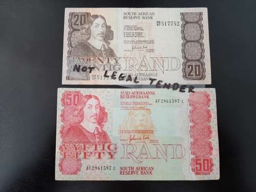 Complete Collection of 1980's Gerhard de Kock Banknotes! R 50 to R 2! Bid for lot!