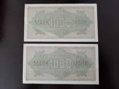 Scarce! German Notgeld in Near Sequence! 2 x 1922 1000 Mark Reichsbanknote!