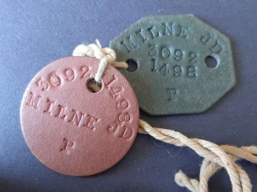RARE!!! FULL SIZE RHODESIAN MEDAL WITH TWO WW2 DOG TAGS ALL AWARDED TO S/R J.D. MILNE!