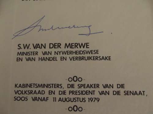 ENIGSTE IN DIE WÊRELD. OORSPRONKLIKE HANDTEKENINGE VAN SA SE 1979 PRESIDENT & MINISTERS