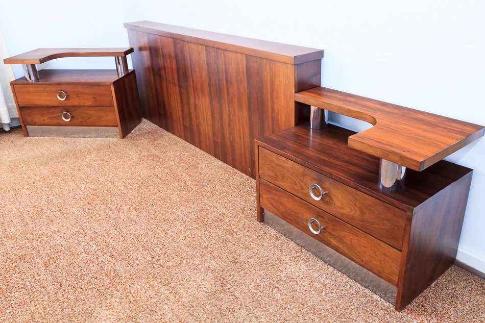 Head Board and Set of Side Tables in Wood Finish