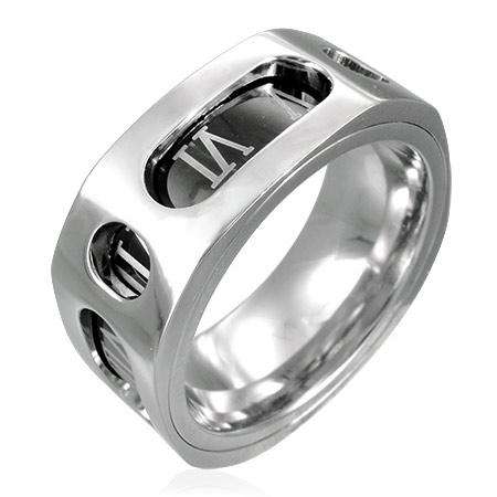 Stainless Steel 2-tone Roman Numeral Octagon Spinner Ring. Size 11