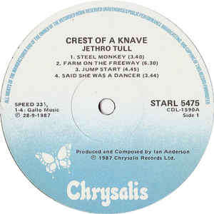 Jethro Tull **Crest Of A Knave**Chrysalis ** STARL 5475**1987**LP
