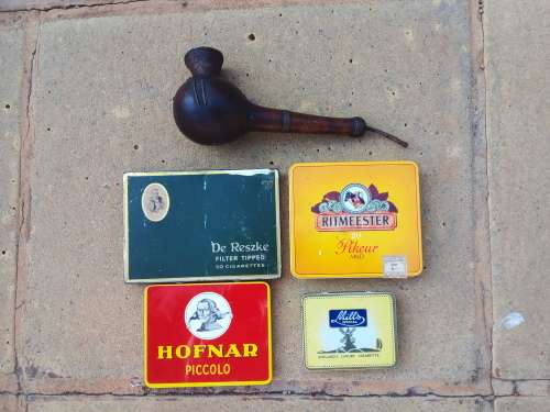Vintage Smoking Accessories - 1 x Pipe 3 x Cigarette Metal Tins and 1 x Cigar Metal Tin