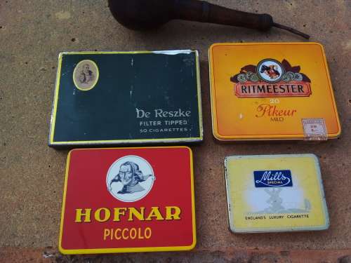 Vintage Smoking Accessories - 1 x Pipe 3 x Cigarette Metal Tins and 1 x Cigar Metal Tin