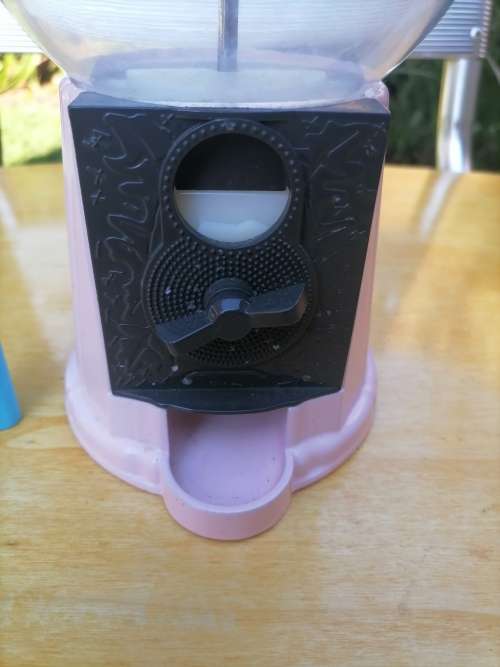 VINTAGE PEWTER DESKTOP GUMBALL MACHINE - PIGGY BANK - 100% WORKING - PINK AND GREY - 24 CM