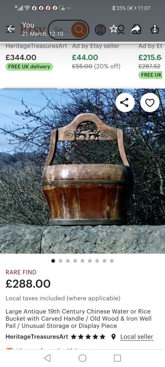 Large Antique 19th Century Chinese Water or Rice Bucket with Carved Handle / Old Wood & Iron Well Pa