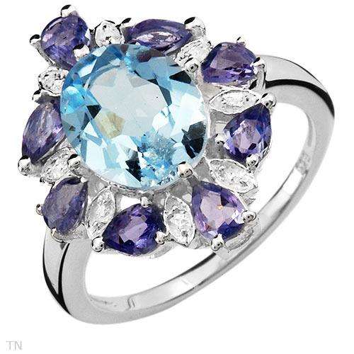 Wonderful Ring with 4.70 CTW Precious Stones - Genuine Tanzanites and Topaz Made of 925 Sterling sil