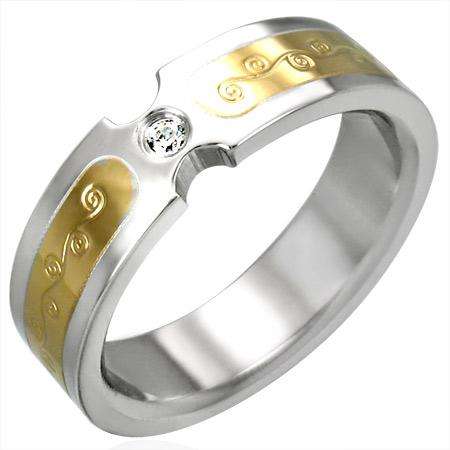 Stainless Steel 2-tone Burnish-Set Spiral Vine Ring w/ CZ, size 5 for woman