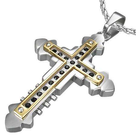 Stunning Stainless Steel 2-tone Geometric Fleur De Lis Double Cross Pendant w/ Black CZ