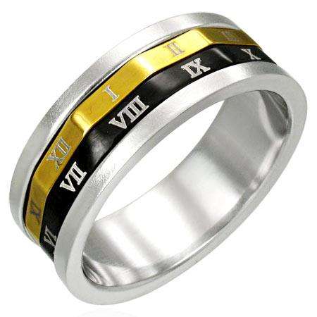 Stainless Steel 3-Tone Roman Numeral Double-Spinner Ring. Size 11