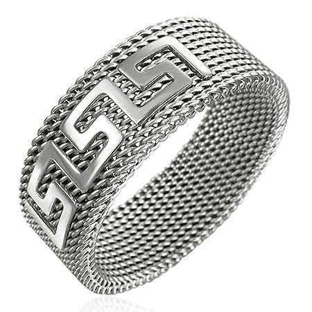Stainless Steel Greek Key Mesh Design Ring. Size11
