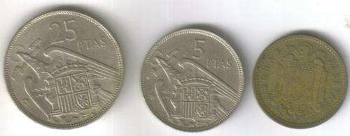 Spain - 3 coins - 1957 25 Pesetas, 1957 5 Pesetas, 1953 1 Peseta