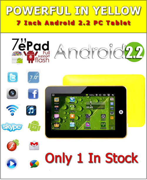 The Hottest Powerful 7 Inch Android 2.2 Tablet PC In YELLOW (1 in stock only)