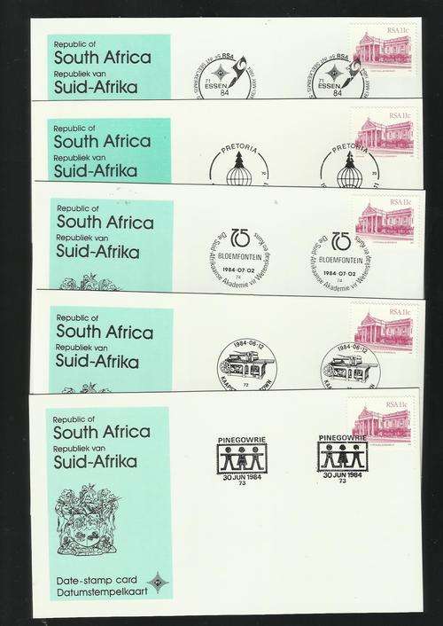 RSA. 5 Date-stamp cards. Same stamp, different cancellations.