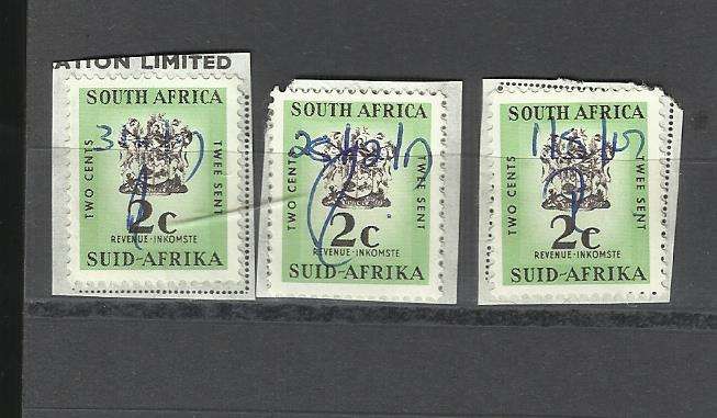 RSA.  3 x 2c Used Revenue stamps on paper