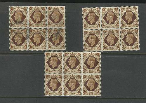 Great Britain. 3 Blocks of 6 x 1/- stamps each. Used/slightly hinged