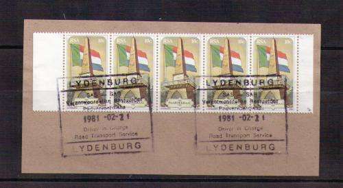RSA. Strip of 5 x 10c used stamps on paper. Nice cancellation
