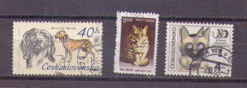 Worldwide. 3 x Cat and dog stamps. Used very slightly hinged