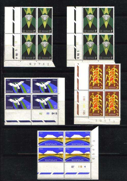 RSA. 5 Control blocks of 4 stamps each. Fifth anniversary of the Republic. Mint some hinged