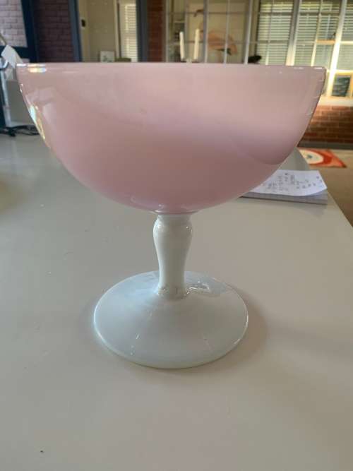 Huge Opsque Pink Glass Bowl With Milk Glass Stem/Pedestal