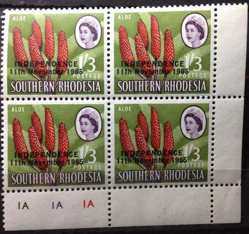 Southern Rhodesia 1/3 11 November 1965 Independence overprint Cntrl Block of 4 MNH SACC124 CV++R1200