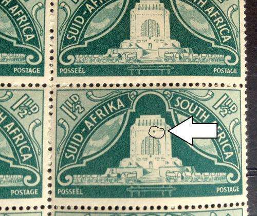 "Bullet hole " VARIETY 11/2d 1949 Voortrekker monument Inauguration Block of 6 VF MNH