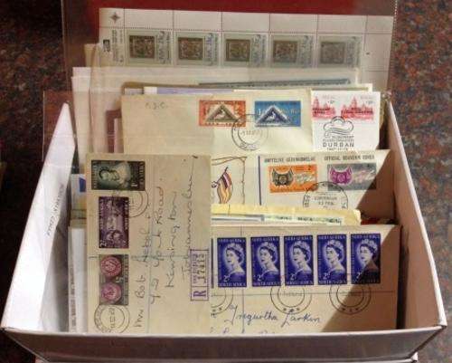 Box filled with NATAL TRANSVAAL RHODESIA UNION SA stamps, covers some MNH control sheets GOOD VALUE!