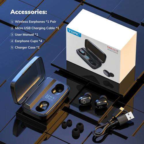 Bluetooth earphones with 2000mAh power bank charger case - Black