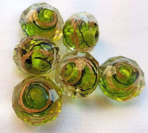 3 x (9x12mm)  Green With Inner Detail  Faceted Rondelle Glass Bead