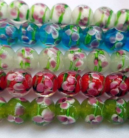 10  x (8x10)mm Mix Round With Flower Lampwork  Glass Beads
