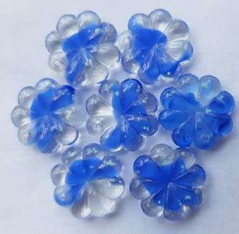 5pc (17mm) Clear and  Blue Flower  Glass beads- Top Drilled
