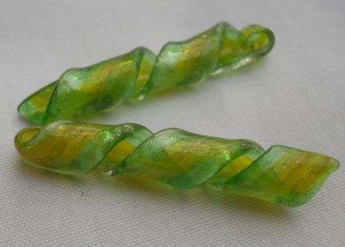 1 Pc, Green, Yellow With Gold, Twisted  Lampwork  Glass  Pendant  +/- 38x6 mm - Each