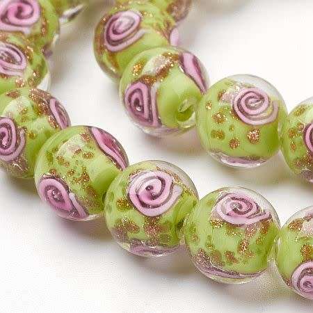 1Pc, Green, Round Gold Sand With Pink Spiral,  Lampwork Glass  Beads  +/- 12 mm - Each