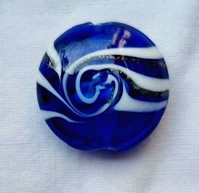 4Pc x 20mm Dark Blue With Gold Sand and White  Flat Round  Glass  Beads