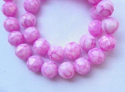 10pc x 8mm Dark Pink Round Marble Faceted  Glass Beads