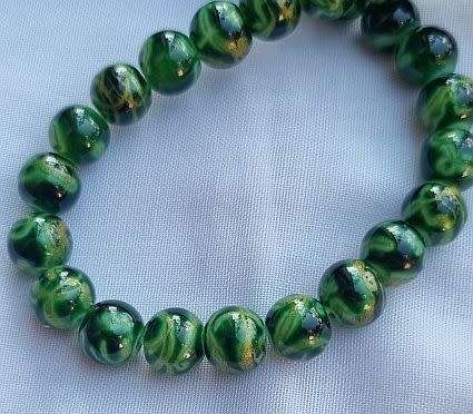 1Pc x 8mm, Green / Gold Sand, Round Handmade Lampwork Glass  Bead - Each