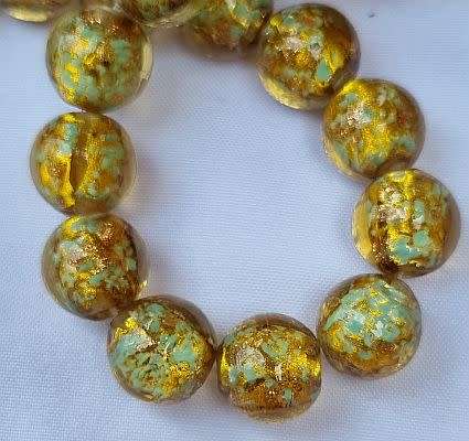1Pc x 12mm  Green / Gold Foil Handmade Lampwork Bead