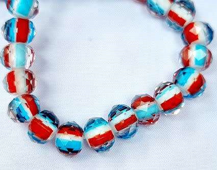 10Pc  (10x7mm) Blue / Red / White   Rondelle /  Faceted Glass Beads