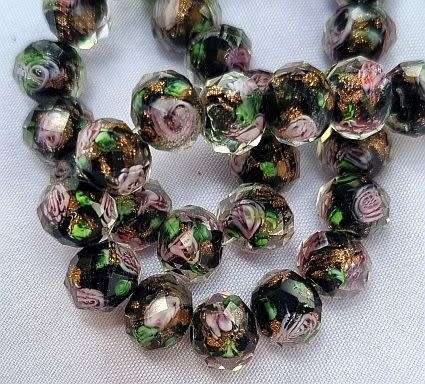 10 pc Black Gold Sand Lampwork Rondelle Glass  Beads  10x7 mm