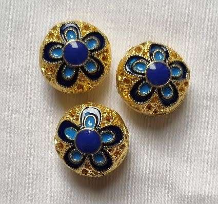 1pc x 14mm Gold Tone With Blue Flower Detail / Metal Bead / Spacer - Each