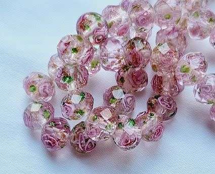 10 pc (12x9mm) Pink Gold Sand Lampwork Rondelle Glass  Beads