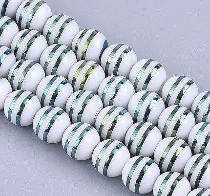 10 pc x 8mm White Opaque  /  Green / Electroplate Stripes Round Glass Beads