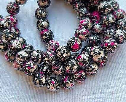 15Pc x 8mm  Black / Silver / Pink Round Glass  Beads
