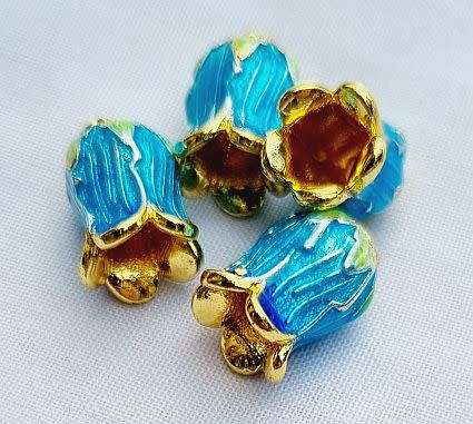 1pc x 14mm Light  Blue / Gold Tone / Enamel Flower Bead Cap - Each