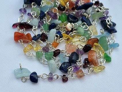 1m Assorted Gemstone Chips Chain Link With Silver Tone  Eye Pins