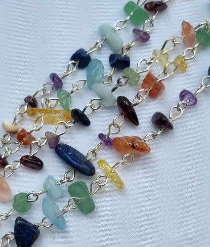 1m Assorted Gemstone Chips Chain Link With Silver Tone  Eye Pins