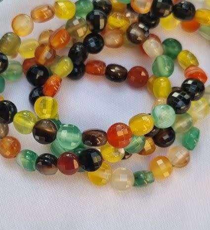 1 Strand x 6mm Assorted / Natural / Agate / Multi Color / Round Flat  Faceted Beads +/- 60pcs