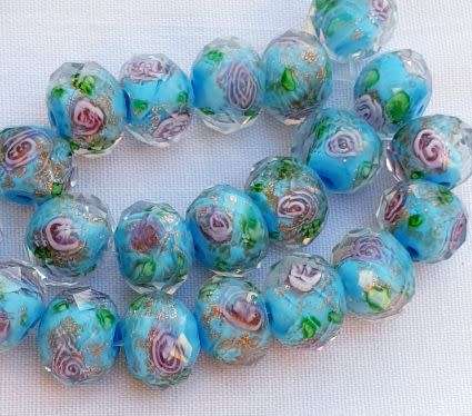 10 pc (12x9mm) Light Blue Lampwork Rondelle Glass  Beads