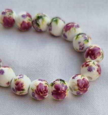 10pc x 8mm White / Painted / Purple / Flowers / Round Porcelain Beads